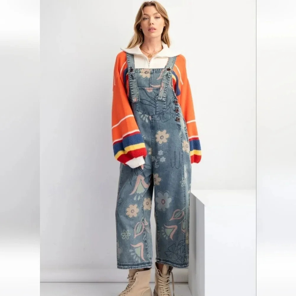 Easel Vintage Denim Washed Floral Flowers Overalls Jumpsuit New